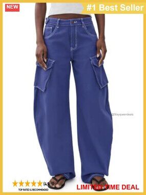 High Rise Wide Leg Cargo Jeans Mid-Weight Non-Stretch Twill Pants